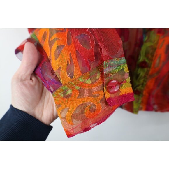 Vintage 90s Y2K Babydoll Womens Large Flax Blend Sheer Rainbow Flower Jacket - Picture 7 of 14